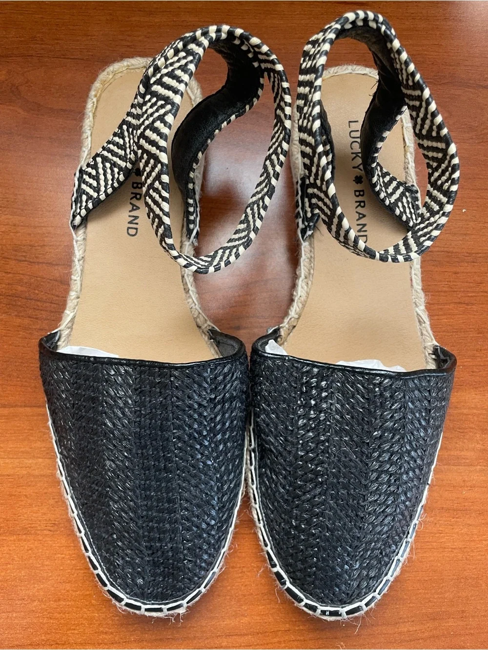 Lucky Brand Black Woven Espadrille Sandals with Ankle Tie Renka Chevron Raffia